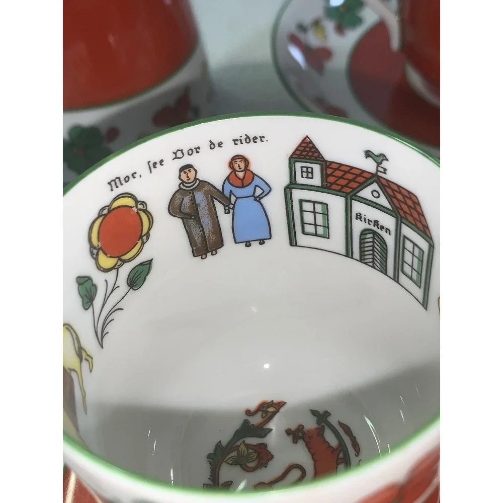 Vintage Noreg Norway Wedding Procession Porcelain Demitasse Set 12pc Red Floral
